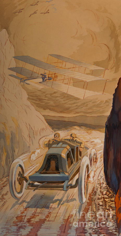 Un Match Moderne French Edwardian Antique Race Car and Early Biplane Painting by Peter Ogden