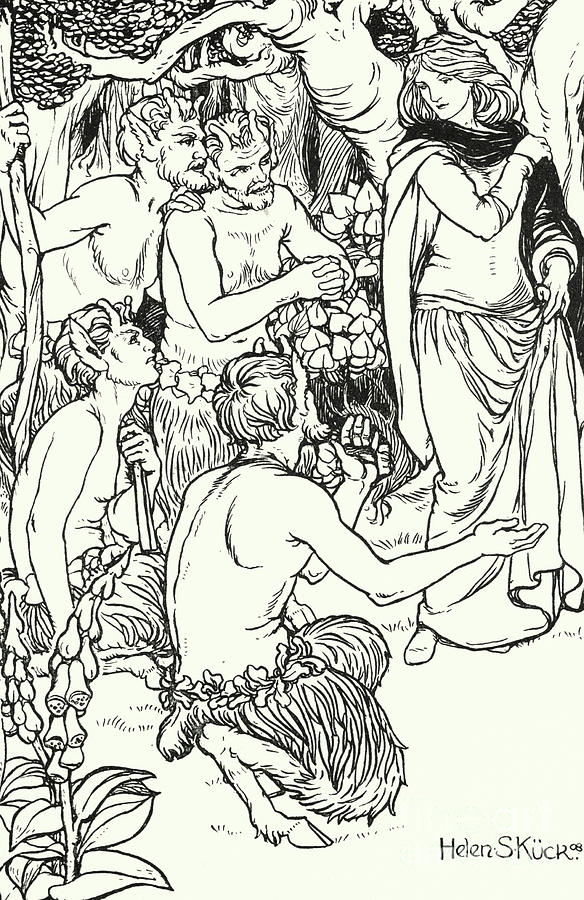 Una is rescued by the Satyrs Drawing by Helen S Kuck