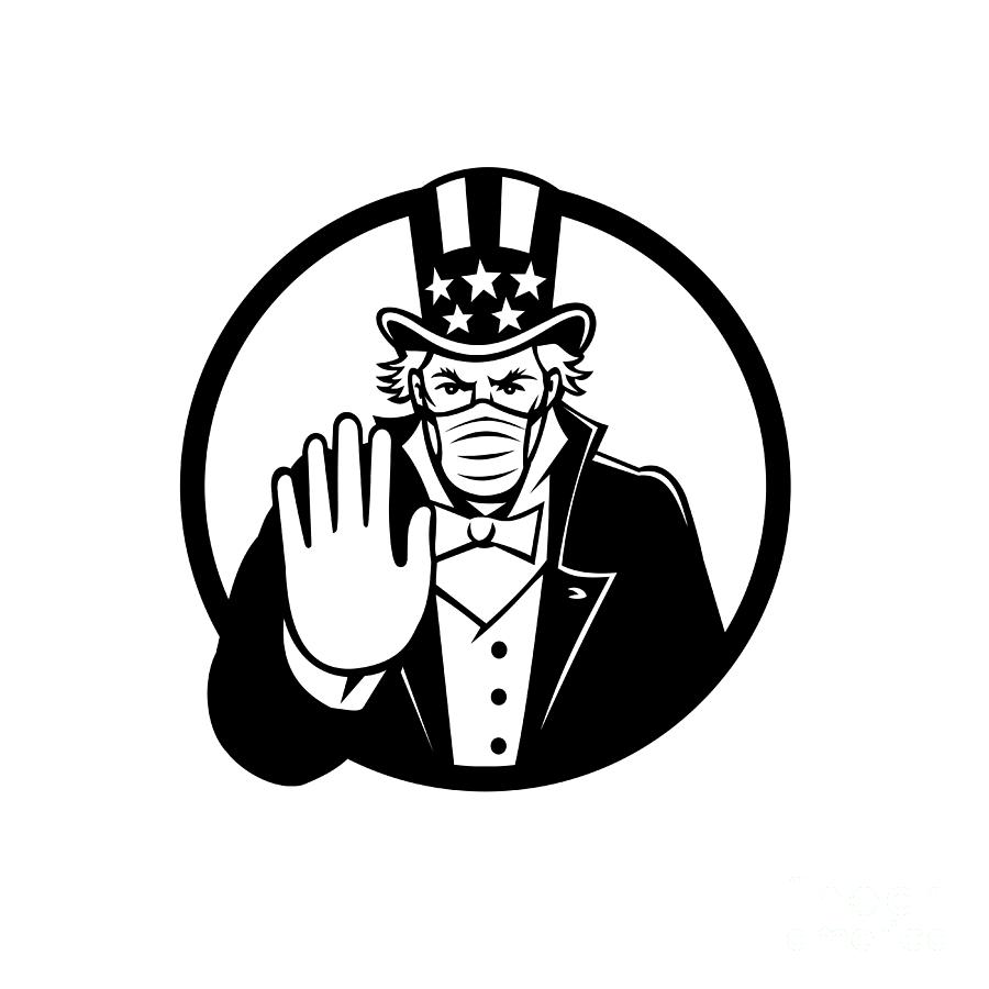 Uncle Sam Wearing Mask Stop Hand Signal Black And White Digital Art