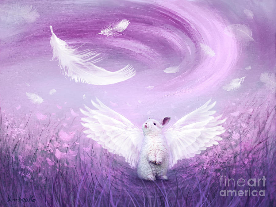 Under His Wings - Purple Gray  Painting by Yoonhee Ko
