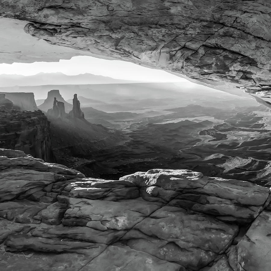 Under the Mesa Arch Canyonlands - Moab Utah - Square Format - Black and White Photograph by Gregory Ballos