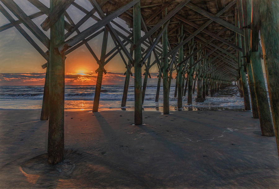 Under the Pier, Folly Beach Sunrise Photograph by Marcy Wielfaert