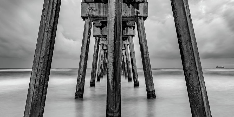 Black And White Photograph - Under The Russell Fields Pier Panorama - Panama City Beach Monochrome by Gregory Ballos