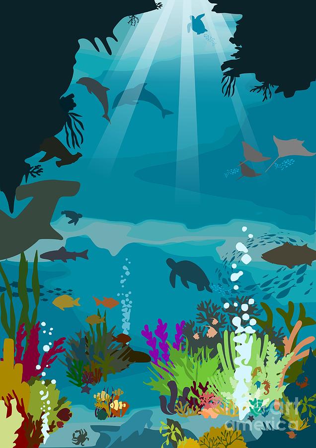 Under The Sea Adventure Ocean Scene, Aquatic Life Digital Art by Amusing DesignCo