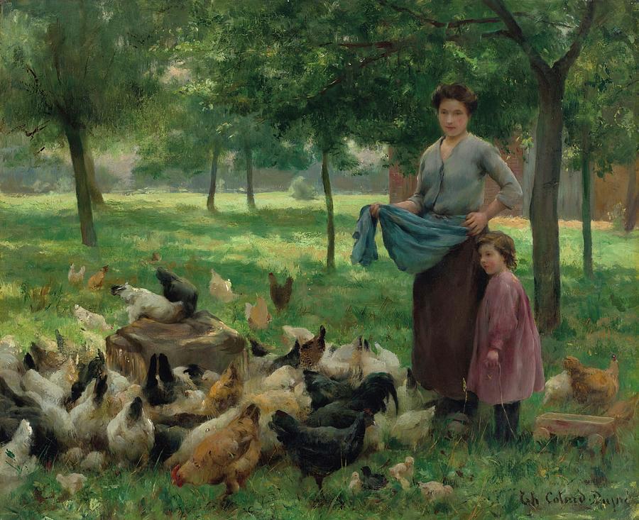 Nature Painting - Under Trees with Chickens by Therese-Marthe-Francois Dupre