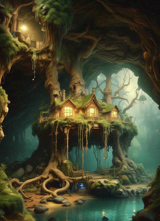 Fantasy Digital Art - Underground Treehouse  by James Eye