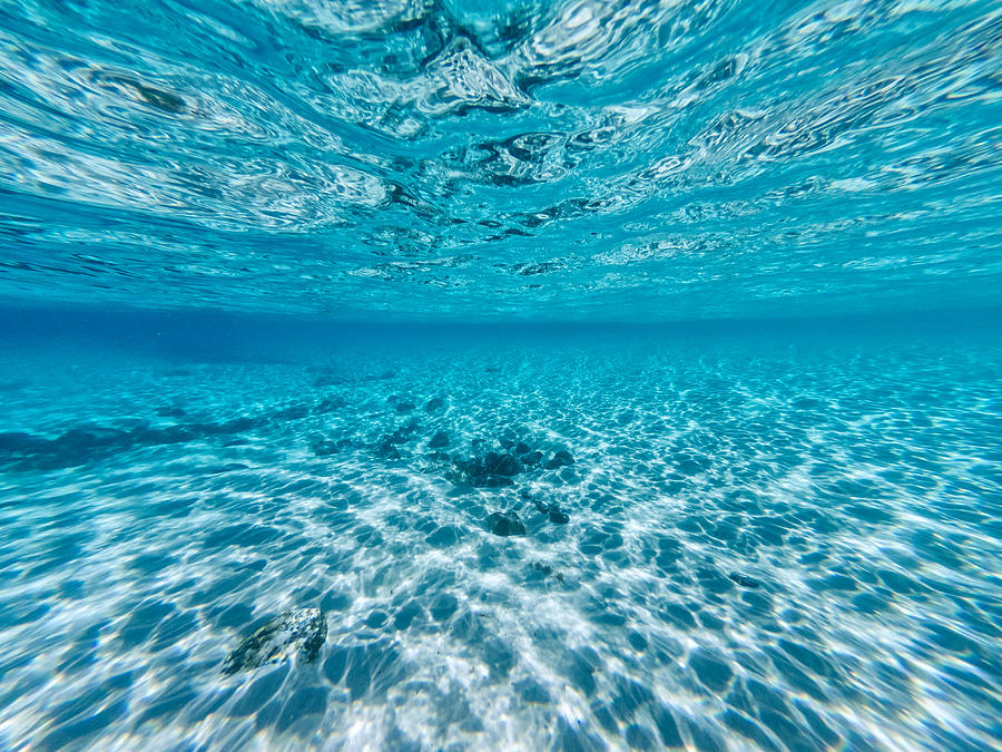 Underneath a wave in the clear ocean waters looking at rocks and shells on the ocean floor and natural water patterns Photograph by Vicki Smith