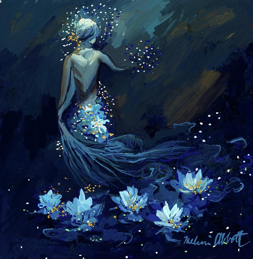 Underwater Blue Lotus and Golden Mind Mermaid Painting by Melissa Abbott