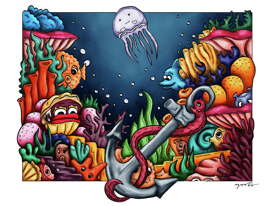 Underwater painting for kids, Coral reef doodle Painting by Nadia CHEVREL