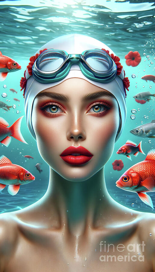 Underwater portrait of a woman with striking red lips Digital Art by Odon Czintos
