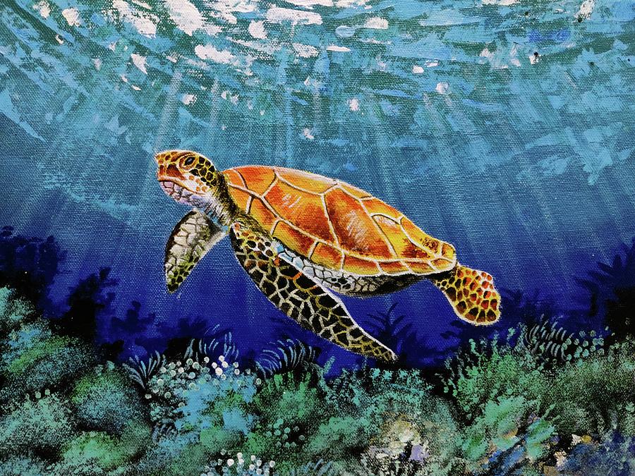 Underwater turtle Original painting Painting by Vivek Parmar - Fine Art ...