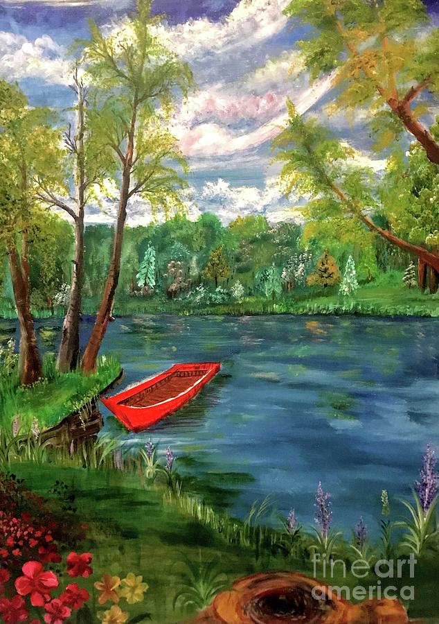 Unfinished Red Boat On Lake Painting