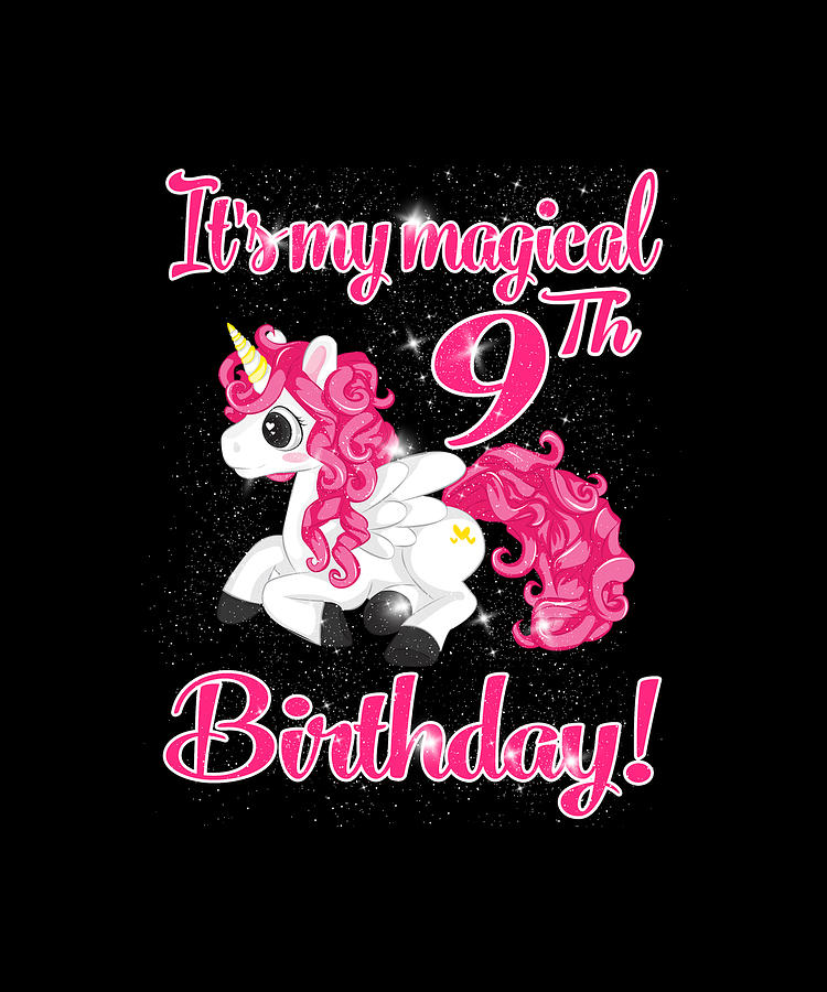 Unicorn 9th Birthday Party Shirt Girl 9 Years Old T-Shirt Drawing by ...