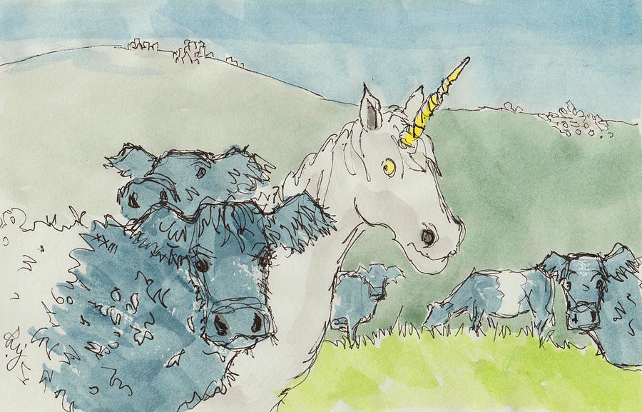 Unicorn and Belted Galloway Cows on Dartmoor Cartoon Mixed Media by Mike Jory