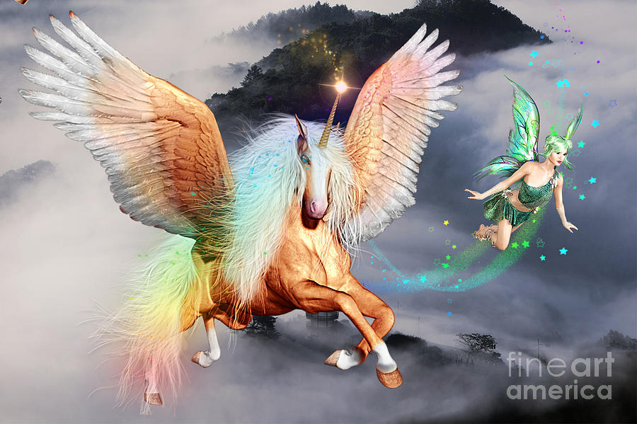 Unicorn and Fairy in Flight Digital Art by Morag Bates