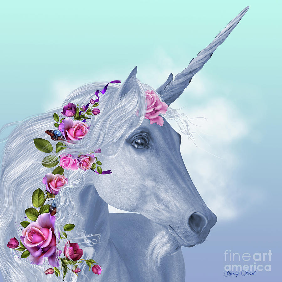 Unicorn and Roses Digital Art by Corey Ford