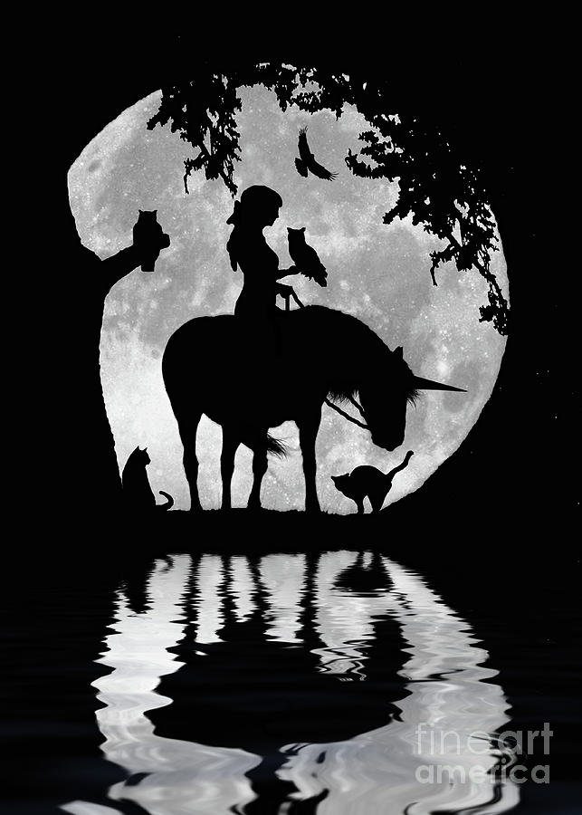 Unicorn Black Cats Owls Raven and Girl with Big Mystical Full Moon Photograph by Stephanie Laird