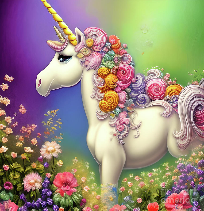 Unicorn Colorful Flowers Rainbow Digital Art by Debra Miller