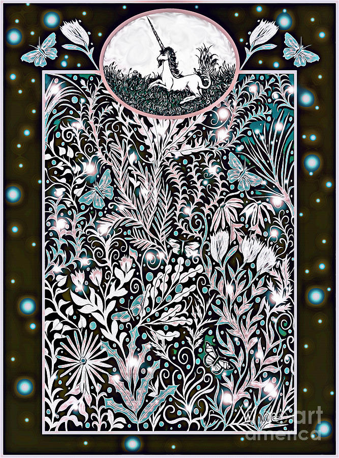 Unicorn Garden Tapestry design in black, pink and light green Digital Art by Lise Winne