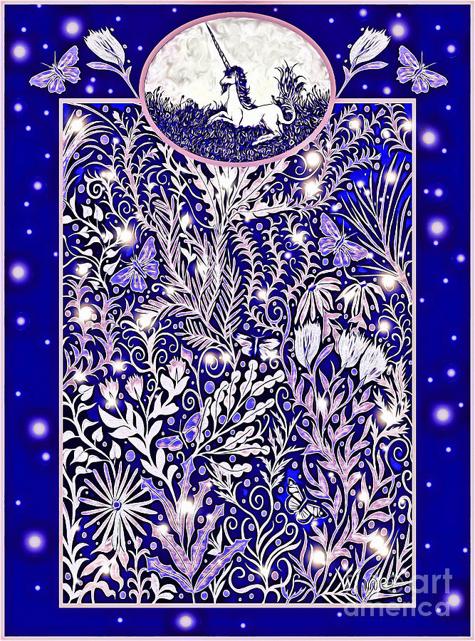 Unicorn Garden Tapestry Design in Midnight Blue Mixed Media by Lise Winne