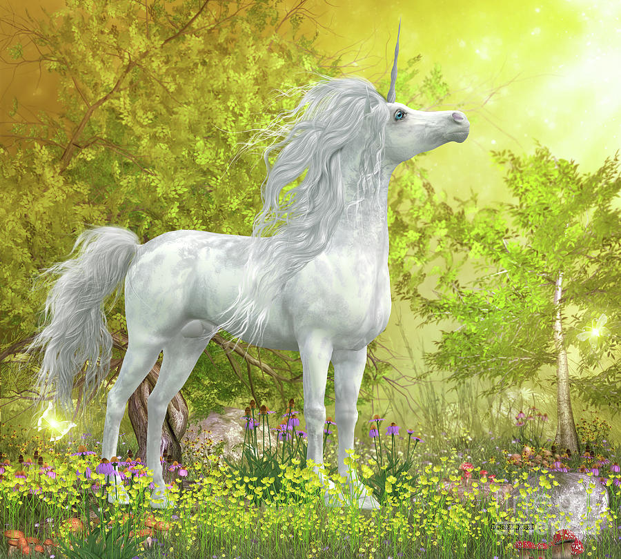 Unicorn Stallion in Meadow Digital Art by Corey Ford