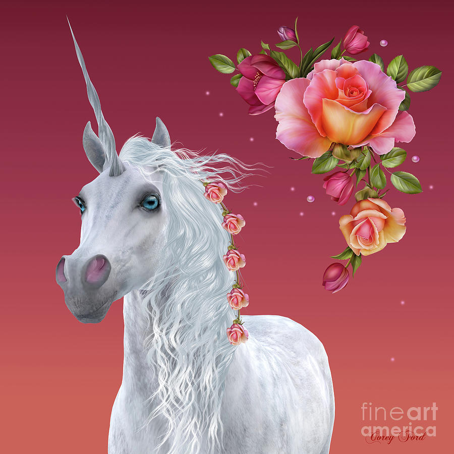 Unicorn Summer Roses Digital Art by Corey Ford