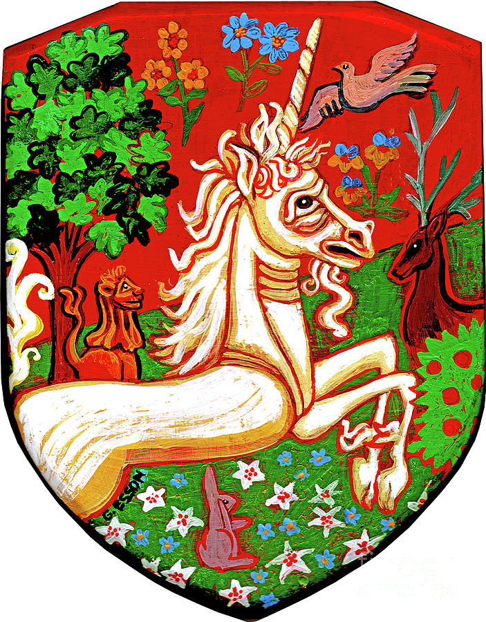 Byzantine Painting - Unicorn With Lion and Stag by Genevieve Esson