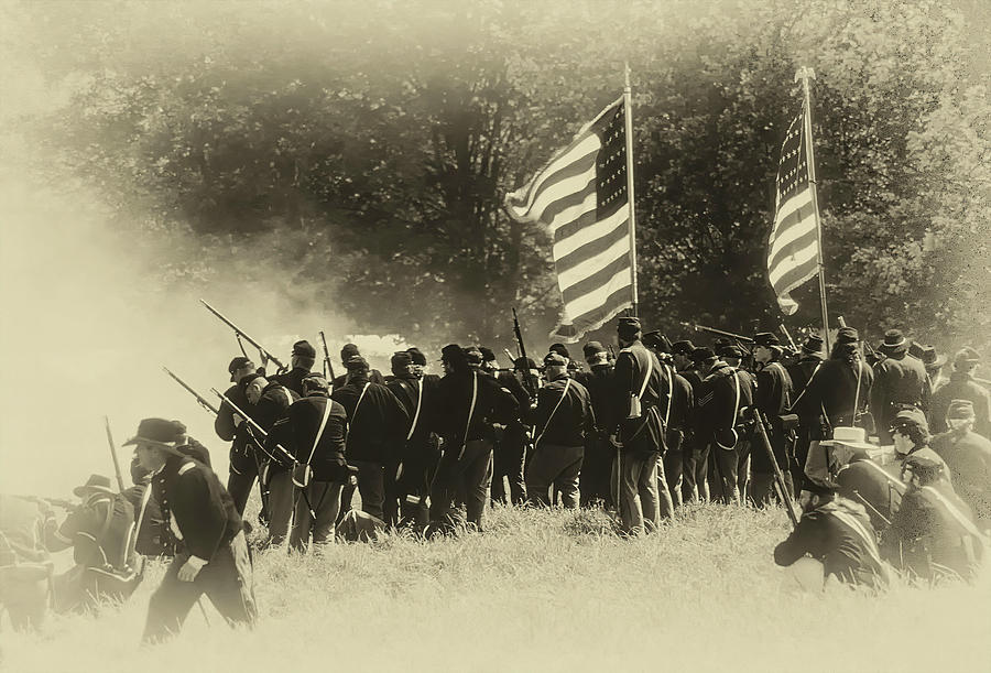 Union infantry line fires on advancing  Confederates Photograph by Steve Estvanik