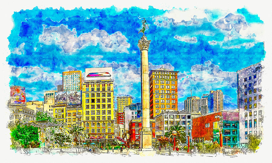 Union Square with the Dewey Monument in San Francisco - pen sketch and watercolor Digital Art by Nicko Prints