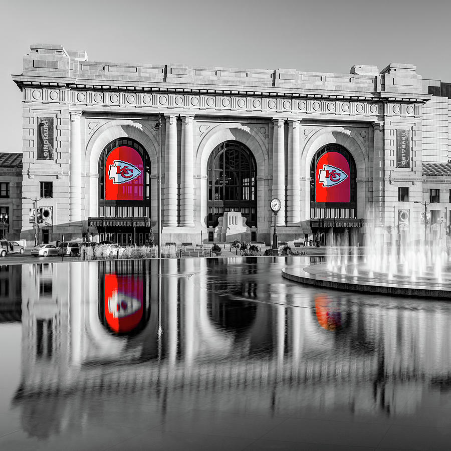 Union Station Football Banners and Kansas City Bloch Fountain 1x1 Selective Coloring Photograph by Gregory Ballos