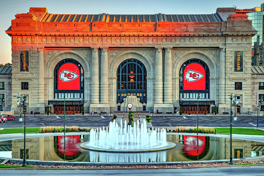 Union Station Fountain and Chiefs Banners Kansas City Missouri Photograph by Gregory Ballos