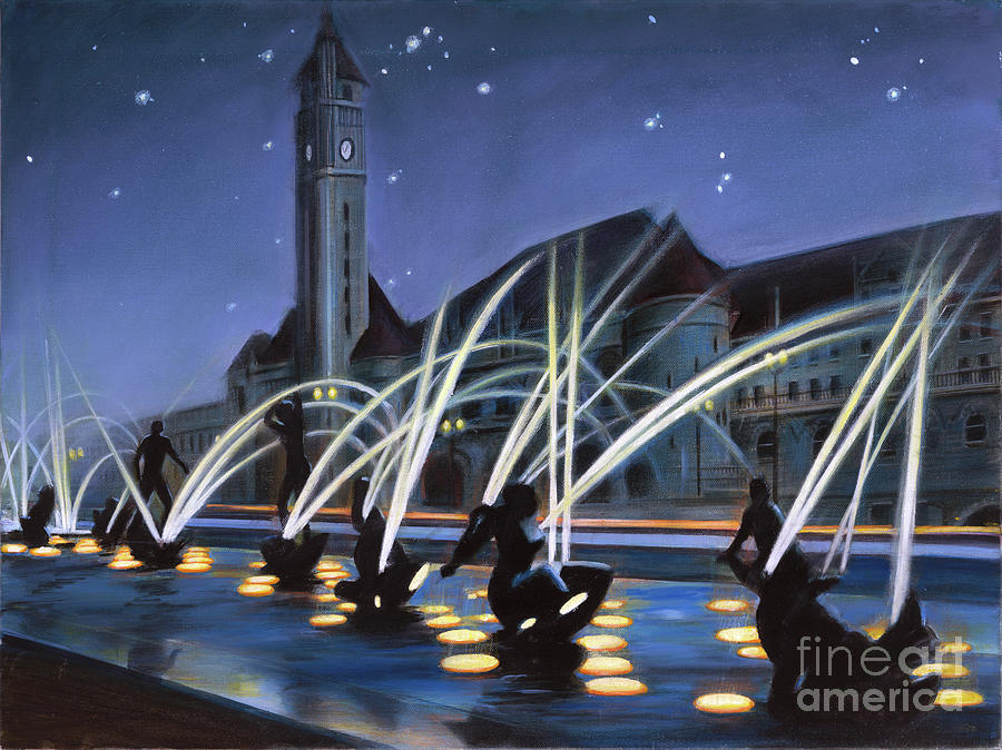 St. Louis Painting - Union Station Meeting of the Waters Fountain at Night by Don Langeneckert