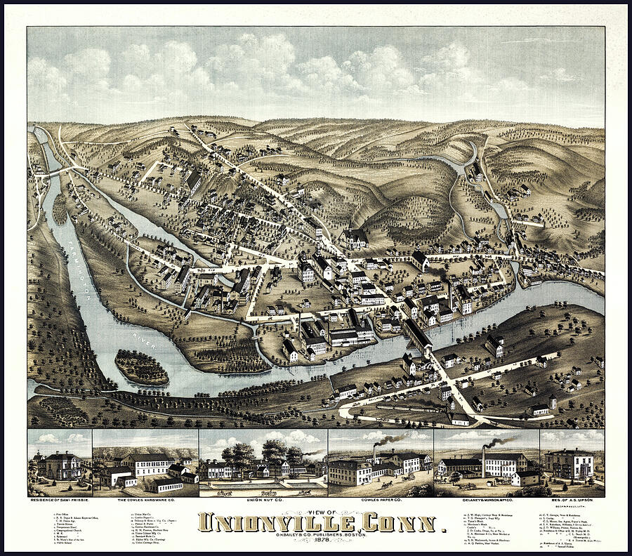 Unionville Connecticut Vintage Map Birds Eye View 1878 Photograph by ...