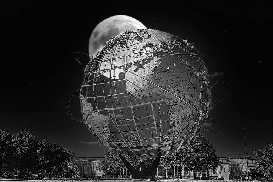 Unisphere Full Moon NY Worlds Fair 1964 Black White 2020 Photograph by Chuck Kuhn