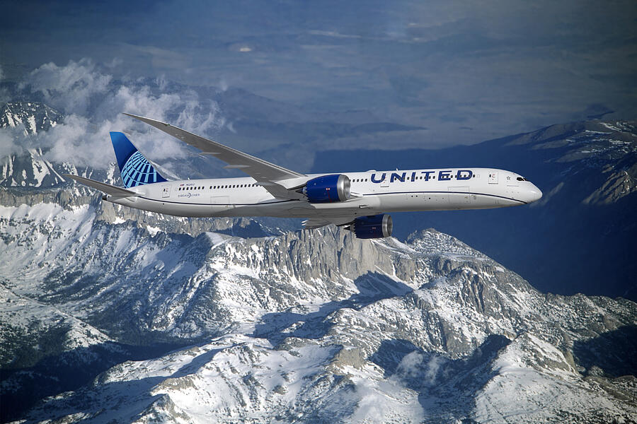 United Airlines Boeing 787-10 over Snowcapped Mountains Mixed Media by Erik Simonsen