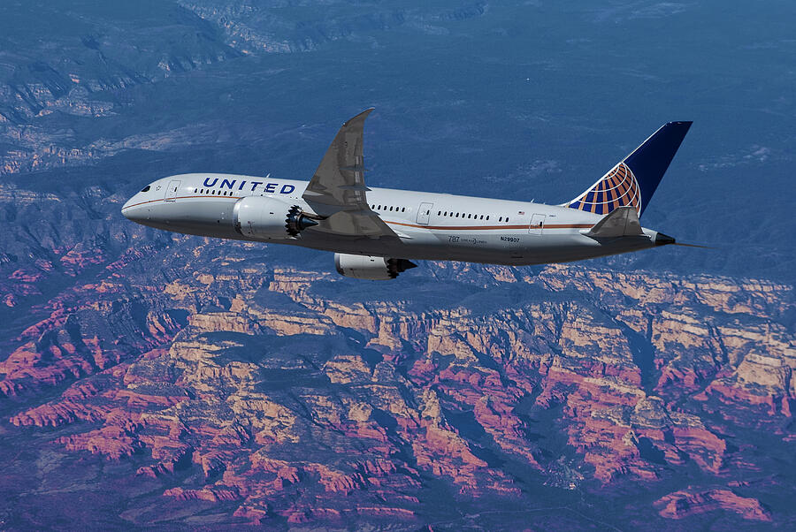 United Airlines Boeing 787 Dreamliner over Grand Canyon Mixed Media by Erik Simonsen