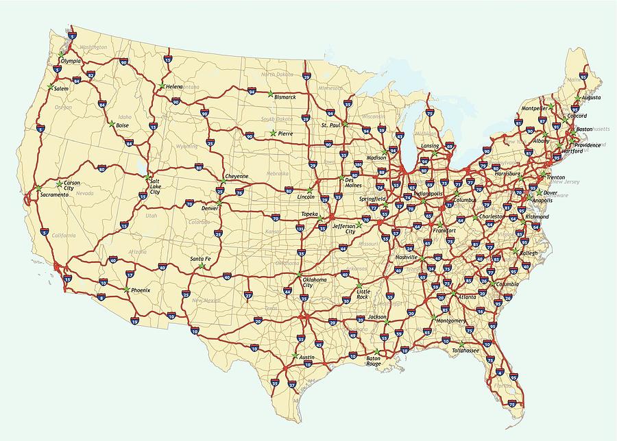 United States Interstate System Highway Map with States and Capitals ...