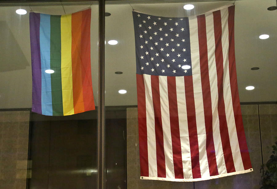 United States of America and Rainbow Flags in a Office Lobby Window Photograph by Douglas Sacha