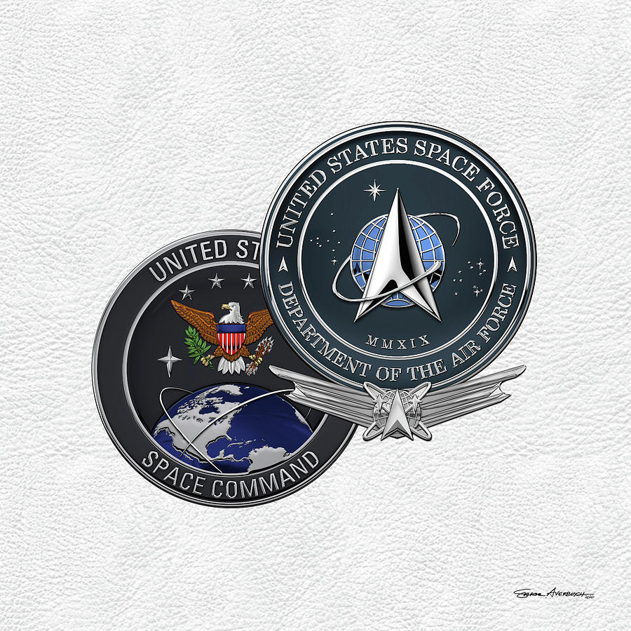 United States Space Force - USSF and USSPACECOM Seals with AFSB over White Leather Digital Art by Serge Averbukh