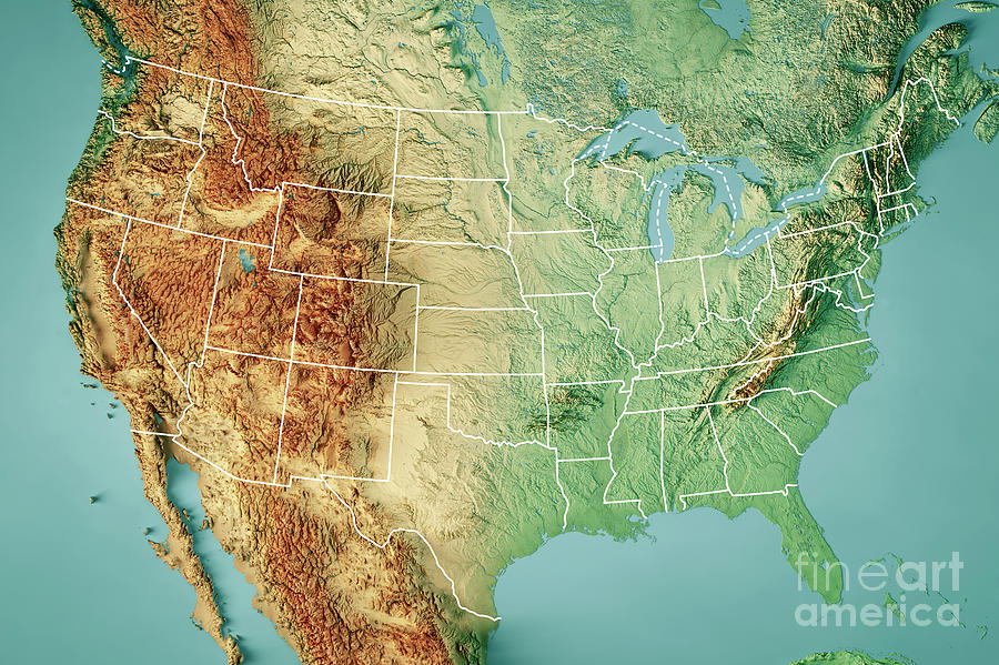 United States Topographic Map Horizontal 3D Render Color Border Digital ...