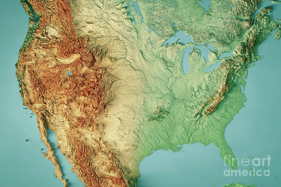 United States Topographic Map Horizontal 3d Render Color Digital Art By