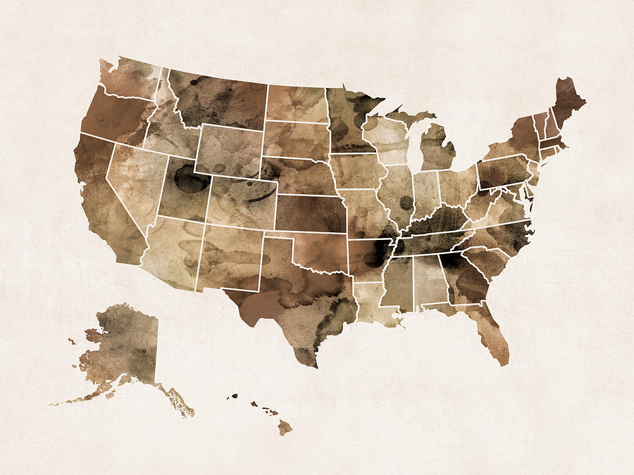 United States Watercolor Map Sepia Digital Art by Michael Tompsett