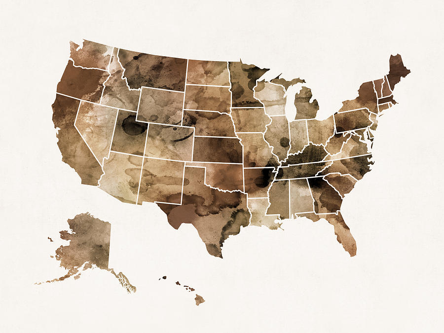 United States Map Digital Art - United States Watercolor Map Sepia v2 by Michael Tompsett