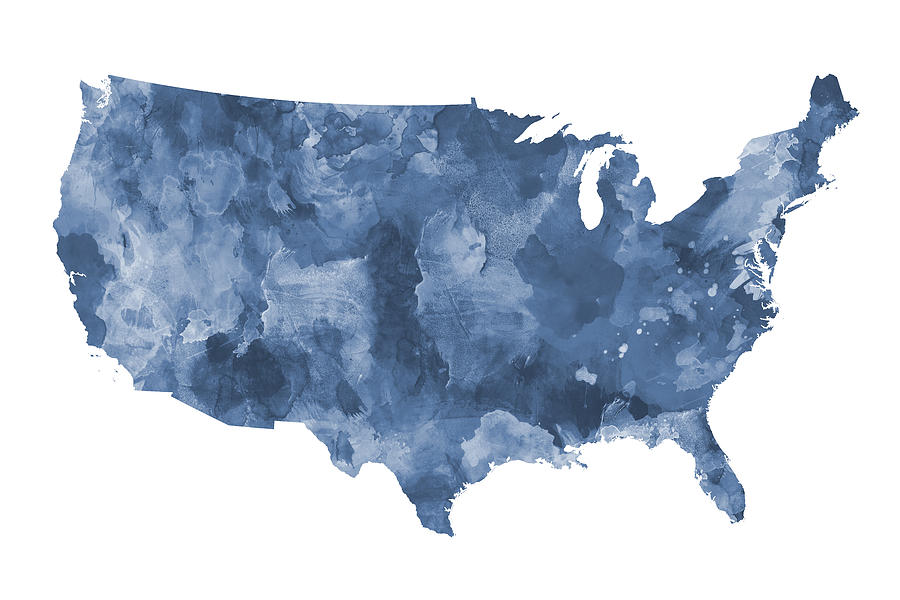 United States Watercolor Map Shades of Blue Digital Art by Alexios Ntounas