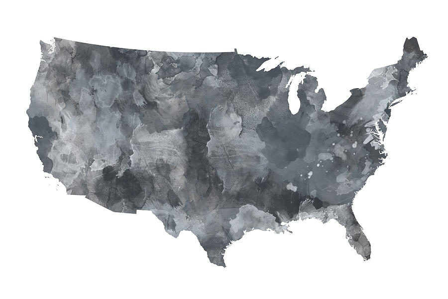 United States Watercolor Map Shades of Grey and Black Digital Art by Alexios Ntounas