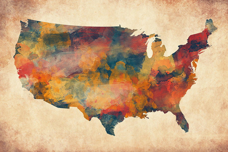 United States Watercolor Map with Old Paper Background Digital Art by Alexios Ntounas