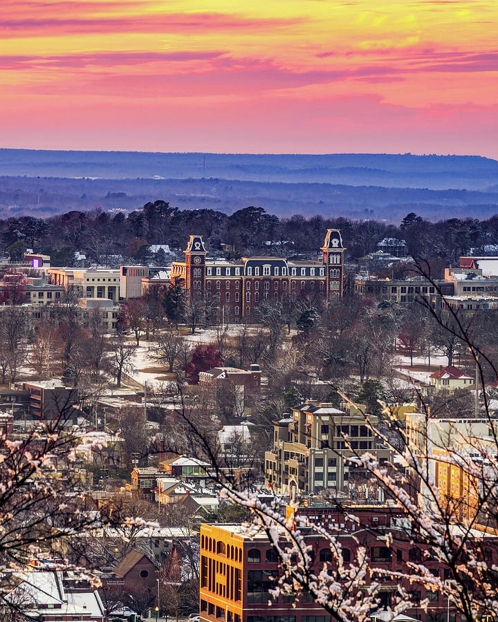 University of Arkansas Old Main Snowy Landscape Sunset Photograph by Gregory Ballos