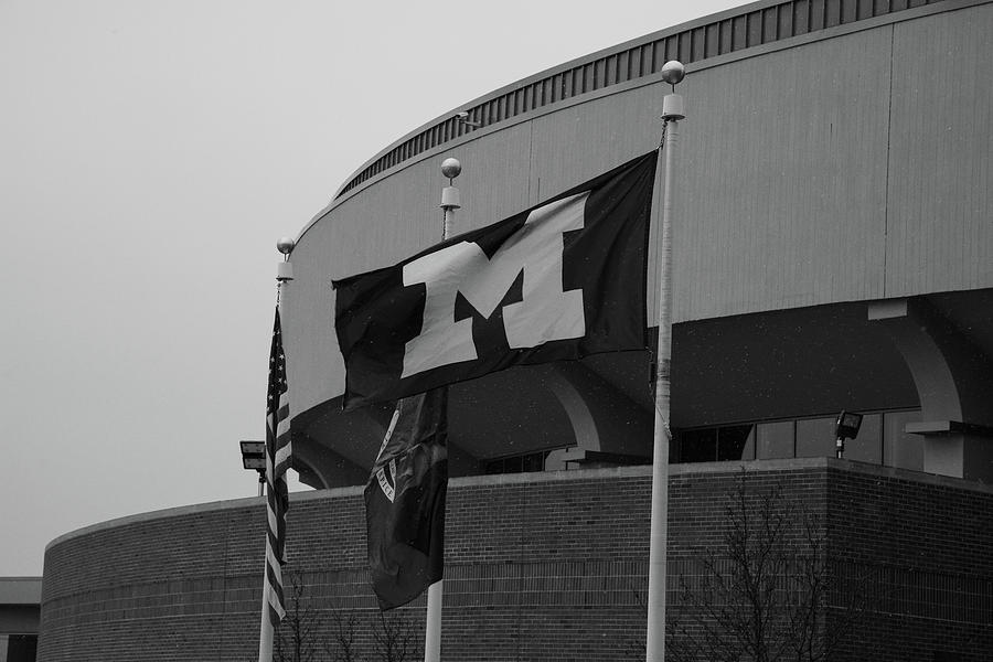University of Michigan Flag flying in black and white Photograph by Eldon McGraw
