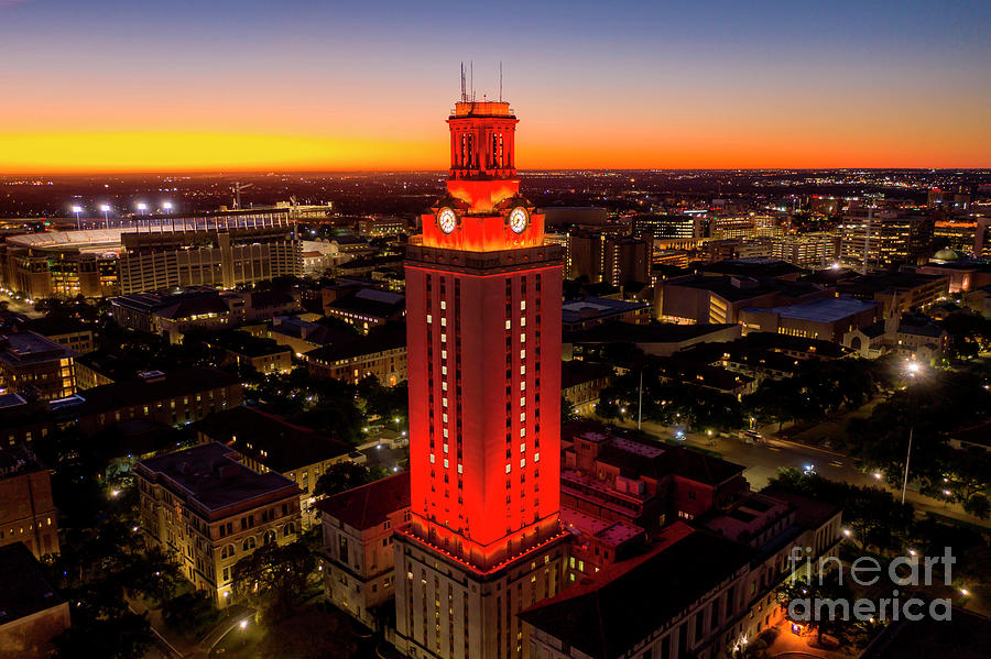 University of Texas Tower lit with Number 1 bright Orange Tower Photograph by Dan Herron