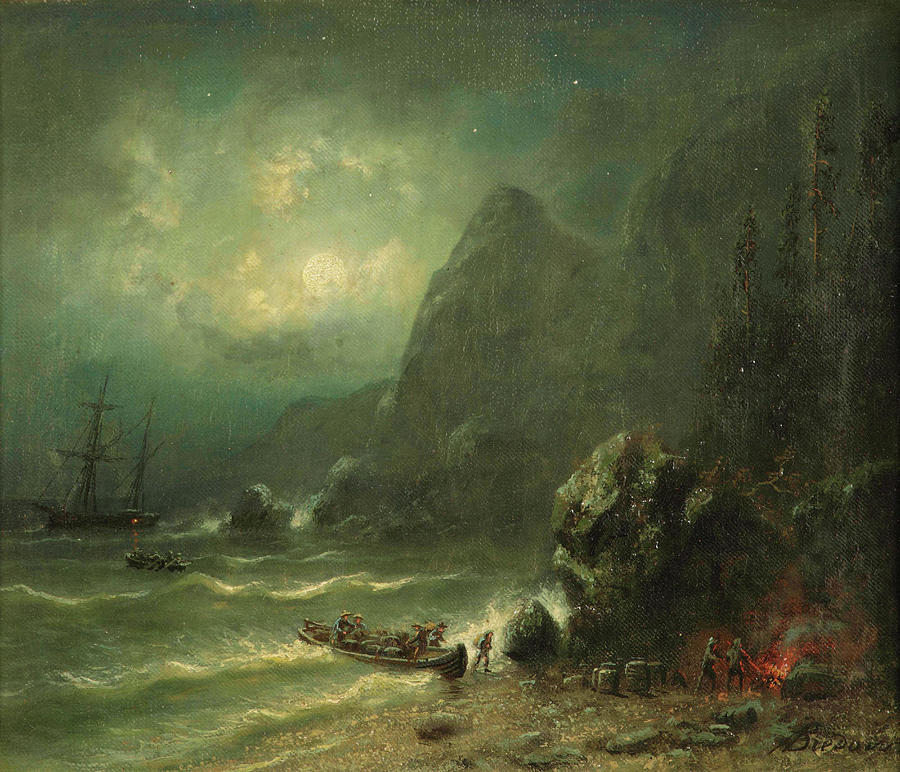 Unloading A Ship On A Seashore By Moonlight Painting